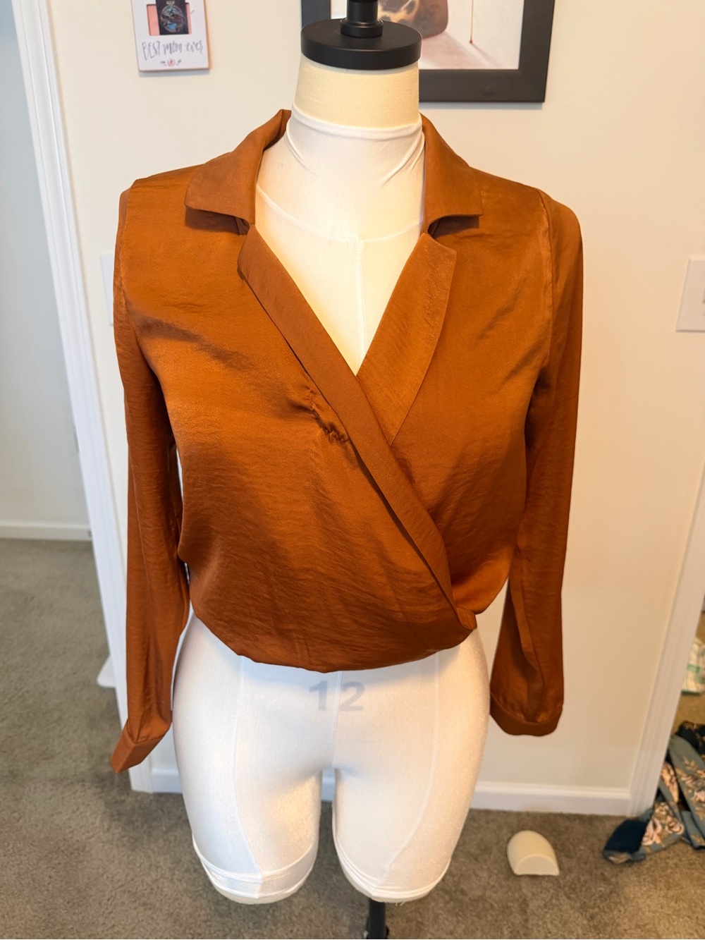 Wrap-Front Satin Blouse in Rust - Brand Unspecified